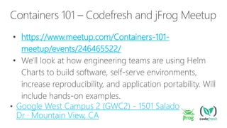 Containers 101 – Codefresh and jFrog Meetup
• https://www.meetup.com/Containers-101-
meetup/events/246465522/
•
Google West Campus 2 (GWC2) - 1501 Salado
Dr · Mountain View, CA
 