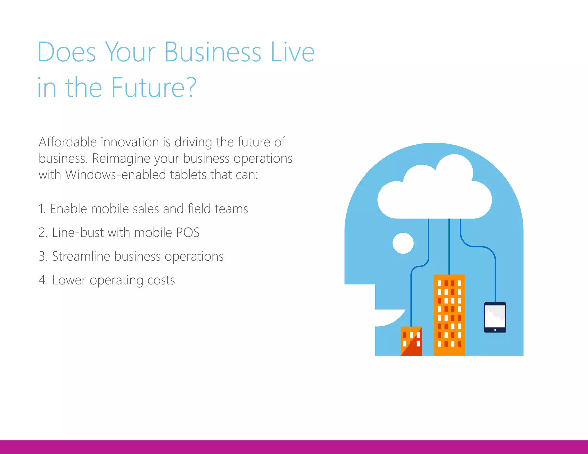 Does Your Business Live
in the Future?
Affordable innovation is driving the future of
business. Reimagine your business operations
with Windows-enabled tablets that can:
1. Enable mobile sales and field teams
2. Line-bust with mobile POS
3. Streamline business operations
4. Lower operating coststs
 