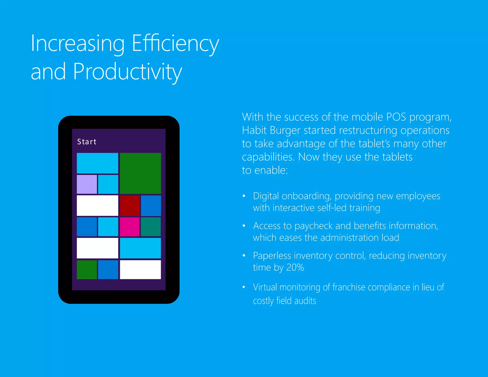 Increasing Efficiency
and Productivity
With the success of the mobile POS program,
Habit Burger started restructuring operations
to take advantage of the tablet’s many other
capabilities. Now they use the tablets
to enable:
•	 Digital onboarding, providing new employees
with interactive self-led training
•	 Access to paycheck and benefits information,
which eases the administration load
•	 Paperless inventory control, reducing inventory
time by 20%
•	 Virtual monitoring of franchise compliance in lieu of
costly field audits
 