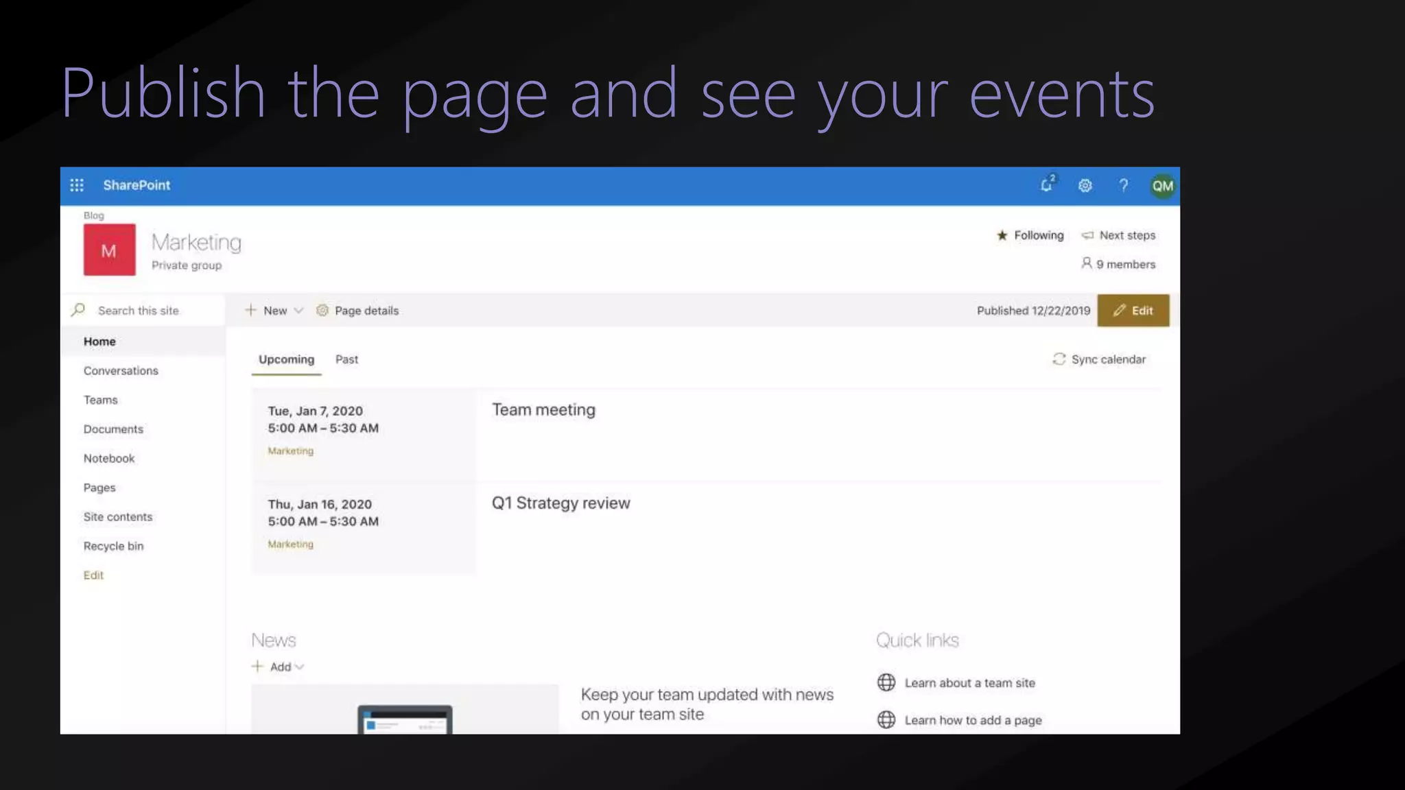 Publish the page and see your events
 