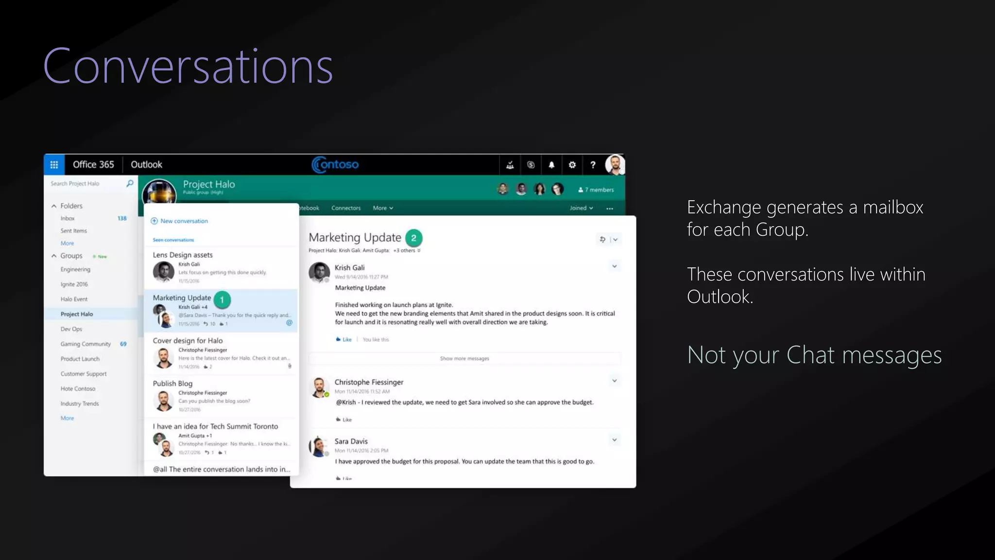 Conversations
Exchange generates a mailbox
for each Group.
These conversations live within
Outlook.
Not your Chat messages
 