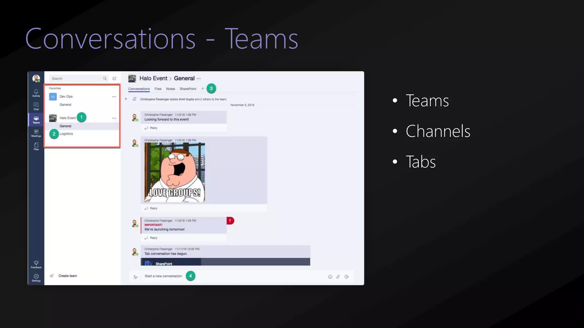 Conversations - Teams
• Teams
• Channels
• Tabs
 