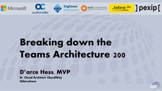 Breaking down the
Teams Architecture 200
D’arce Hess, MVP
Sr. Cloud Architect, CloudWay
@darcehess
 