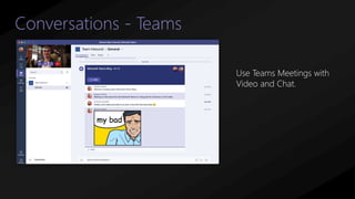 Conversations - Teams
Use Teams Meetings with
Video and Chat.
 