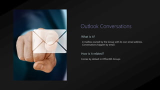 Outlook Conversations
A mailbox owned by the Group with its own email address.
Conversations happen by email.
What is it?
How is it related?
Comes by default in Office365 Groups
 