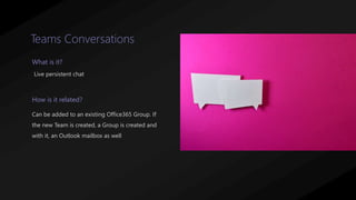 Teams Conversations
Live persistent chat
What is it?
How is it related?
Can be added to an existing Office365 Group. If
the new Team is created, a Group is created and
with it, an Outlook mailbox as well
 