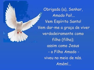 Obrigada (a), Senhor,  Amado Pai!... Vem Espírito Santo!  Vem dar-me a graça de viver verdadeiramente como  filho (filha);  assim como Jesus  - o Filho Amado - viveu no meio de nós.  Amém!... 
