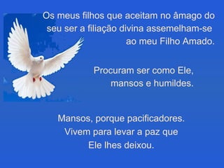 Os meus filhos que aceitam no âmago do seu ser a filiação divina assemelham-se  ao meu Filho Amado. Mansos, porque pacificadores.  Vivem para levar a paz que  Ele lhes deixou.  Procuram ser como Ele,  mansos e humildes.  