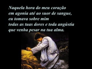 Naquela hora do meu coração em agonia até ao suor de sangue, eu tomava sobre mim todas as tuas dores e toda angústia que venha pesar na tua alma. 
