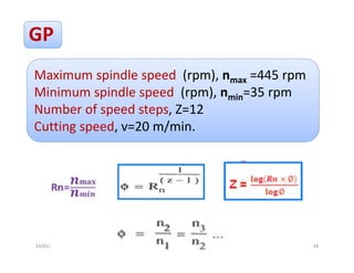  
 
 
 
GP 
  
 
 
Maximum spindle speed  (rpm), nmax =445 rpm 
Minimum spindle speed  (rpm), nmin=35 rpm 
Number of speed steps, Z=12 
Cutting speed, v=20 m/min. 
 
24/01/2017  16 
 