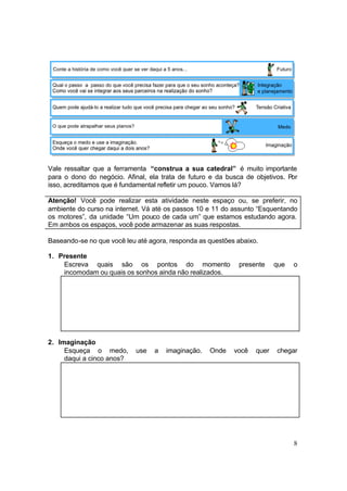 8
Vale ressaltar que a ferramenta “construa a sua catedral” é muito importante
para o dono do negócio. Afinal, ela trata de futuro e da busca de objetivos. Por
isso, acreditamos que é fundamental refletir um pouco. Vamos lá?
Atenção! Você pode realizar esta atividade neste espaço ou, se preferir, no
ambiente do curso na internet. Vá até os passos 10 e 11 do assunto “Esquentando
os motores”, da unidade “Um pouco de cada um” que estamos estudando agora.
Em ambos os espaços, você pode armazenar as suas respostas.
Baseando-se no que você leu até agora, responda as questões abaixo.
1. Presente
Escreva quais são os pontos do momento presente que o
incomodam ou quais os sonhos ainda não realizados.
2. Imaginação
Esqueça o medo, use a imaginação. Onde você quer chegar
daqui a cinco anos?
 