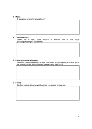 9
3. Medo
O que pode atrapalhar seus planos?
4. Tensão criativa
Quem, ou o que, pode ajudá-lo a realizar tudo o que você
precisa para atingir o seu sonho?
5. Integração e planejamento
Quais os passos necessários para que o seu sonho aconteça? Como você
vai se integrar aos seus parceiros na realização do sonho?
6. Futuro
Conte a história de como você quer se ver daqui a cinco anos.
 