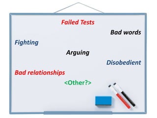 Failed Tests
Bad words
Fighting
Arguing
Disobedient
Bad relationships
<Other?>