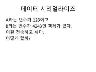 데이터 시리얼라이즈
A라는 변수가 123이고
B라는 변수가 4243인 객체가 있다.
이걸 전송하고 싶다.
어떻게 할까?
 
