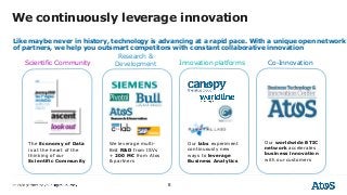 We continuously leverage innovation
Like maybe never in history, technology is advancing at a rapid pace. With a unique open network
of partners, we help you outsmart competitors with constant collaborative innovation
The Economy of Data
is at the heart of the
thinking of our
Scientific Community
We leverage multi-
Bn$ R&D from ISVs
+ 200 M€ from Atos
& partners
Our labs experiment
continuously new
ways to leverage
Business Analytics
Our worldwide BTIC
network accelerates
business innovation
with our customers
Scientific Community
Research &
Development Innovation platforms Co-Innovation
8
 