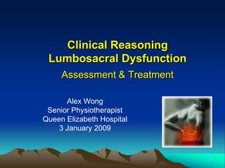 Clinical Reasoning
 Lumbosacral Dysfunction
     Assessment & Treatment

      Alex Wong
 Senior Physiotherapist
Queen Elizabeth Hospital
    3 January 2009



                              1
 