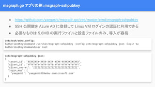 msgraph.go アプリの例：msgraph-sshpubkey
● https://github.com/yaegashi/msgraph.go/tree/master/cmd/msgraph-sshpubkey
● SSH 公開鍵を Azure AD に登録して Linux VM ログインの認証に利用できる
● 必要なものは 5.6MB の実行ファイルと設定ファイルのみ、導入が容易
/etc/ssh/sshd_config:
AuthorizedKeysCommand /usr/bin/msgraph-sshpubkey -config /etc/msgraph-sshpubkey.json -login %u
AuthorizedKeysCommandUser root
/etc/msgraph-sshpubkey.json:
{
"tenant_id": "XXXXXXXX-XXXX-XXXX-XXXX-XXXXXXXXXXXX",
"client_id": "YYYYYYYY-YYYY-YYYY-YYYY-YYYYYYYYYYYY",
"client_secret": "ZZZZZZZZZZZZZZZZZZZZZZZZZZZZZZZ",
"login_map": {
"yaegashi": "yaegashi@l0wdev.onmicrosoft.com"
}
}
 
