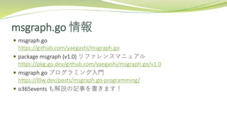 msgraph.go 情報
 msgraph.go
https://github.com/yaegashi/msgraph.go
 package msgraph (v1.0) リファレンスマニュアル
https://pkg.go.dev/github.com/yaegashi/msgraph.go/v1.0
 msgraph.go プログラミング入門
https://l0w.dev/posts/msgraph.go-programming/
 o365events も解説の記事を書きます！
 