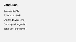 Conclusion
Consistent APIs
Think about Auth
Shorter delivery time
Better apps integration
Better user experience
 