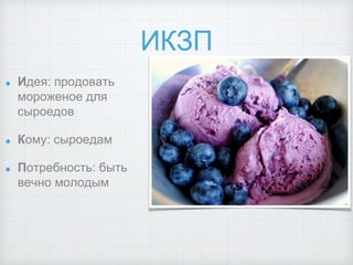 ИКЗП
Идея: продовать
мороженое для
сыроедов
Кому: сыроедам
Потребность: быть
вечно молодым
 