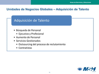 Areas de Servicios y Soluciones




Unidades de Negocios Globales – Adquisición de Talento


    Adquisición de Talento

    • Búsqueda de Personal
      • Ejecutivo y Profesional
    • Aumento de Personal
    • Servicios Gestionados
      • Outsourcing del proceso de reclutamiento
      • Contratistas




                                 10
 