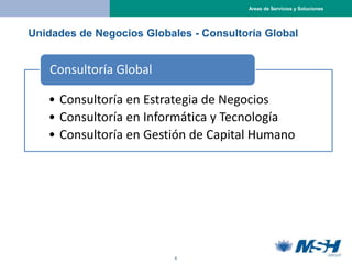 Areas de Servicios y Soluciones




Unidades de Negocios Globales - Consultoría Global


   Consultoría Global

   • Consultoría en Estrategia de Negocios
   • Consultoría en Informática y Tecnología
   • Consultoría en Gestión de Capital Humano




                           6
 