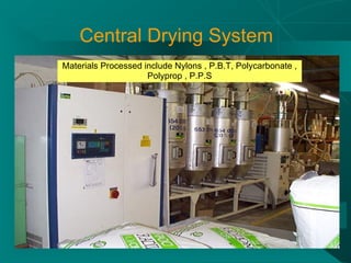 Central Drying System
Materials Processed include Nylons , P.B.T, Polycarbonate ,
                     Polyprop , P.P.S
 