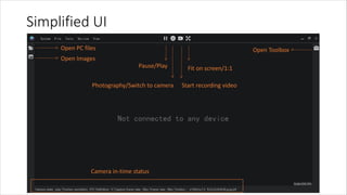 Simplified UI
Fit on screen/1:1
Start recording videoPhotography/Switch to camera
Pause/Play
Open PC files
Open Images
Open Toolbox
Camera in-time status
 