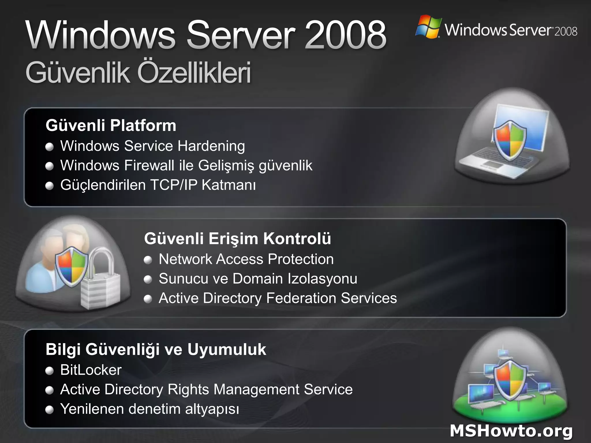 Windows Server 2008Güvenlik ÖzellikleriGüvenli PlatformWindows Service HardeningWindows Firewall ile Gelişmiş güvenlikGüçlendirilen TCP/IP KatmanıGüvenli Erişim KontrolüNetwork Access ProtectionSunucu ve Domain IzolasyonuActive Directory Federation ServicesBilgi Güvenliği ve UyumulukBitLockerActive Directory Rights Management ServiceYenilenen denetim altyapısıMSHowto.org