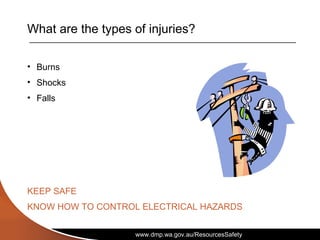 www.dmp.wa.gov.au/ResourcesSafety
What are the types of injuries?
• Burns
• Shocks
• Falls
KEEP SAFE
KNOW HOW TO CONTROL ELECTRICAL HAZARDS
 