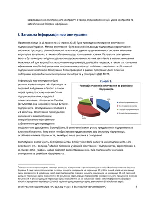 ОПИТУВАННЯ ПІДПРИЄМЦІВ ПРО ДОСВІД УЧАСТІ В ЗАКУПІВЛЯХ ЧЕРЕЗ ПРОЗОРРО 4
запровадження електронного контракту, а також оприлюднення змін умов контрактів та
забезпечення безпеки інформації.
I. Загальна інформація про опитування
Протягом місяця (з 11 травня по 10 червня 2016) було проведено електронне опитування
підприємців України. Метою опитування було визначення досвіду підприємців користування
системою Прозорро, рівня обізнаності з системою, думок щодо можливості системи зменшити
корупцію в закупівлях, а також побажання щодо поліпшення системи. Результати опитування
мають бути використані для подальшого вдосконалення системи закупівель з метою зменшення
можливостей для корупції та заохочування підприємців до участі в тендерах, а також застосування
ефективних засобів інформування та підвищення довіри до публічних закупівель та обізнаності
підприємців з системою. Опитування було проведено в рамках програми USAID Технічна
підтримка впровадження електронних тендерів та у співпраці з ДДЗ МЕРТ.
Інформацію про опитування було
розповсюджено через сайт Прозорро та
торговий майданчик e-Tender, а також
через пряму розсилку членам Спілки
підприємців малих, середніх і
приватизованих підприємств України
(СПМСППУ), яка нараховує понад 12 тисяч
підприємств. Опитувальник складався з
23 запитань. Опитування проводилося
анонімно за використанням
спеціалізованого програмного
забезпечення для проведення
соціологічних досліджень SurveyGizmo. В опитуванні взяли участь представники підприємств за
власним бажанням. Тому вони не обов’язково представляють всю спільноту підприємців,
особливо великих підприємств, яких було лише декілька в опитуванні.
В опитуванні взяли участь 303 підприємства. В тому числі 80% малих та мікропідприємств, 16% -
середніх та 4% - великих.2
Майже половина учасників опитування – підприємства, зареєстровані в
м. Києві (48%). Графік 2 надає розподіл зареєстрованих в м. Київ підприємств-учасників
опитування за розміром підприємства.
2
Опитування використовувало категорії розподілу підприємств за розміром згідно статті 55 Адміністративного Кодексу
України. А саме: мікропідприємства (середня кількість працівників не перевищує 10 осіб та річний дохід не перевищує
суму, еквівалентну 2 мільйонам євро), малі підприємства (середня кількість працівників не перевищує 50 осіб та річний
дохід не перевищує суму, еквівалентну 10 мільйонам євро), середні підприємства (середня кількість працівників в межах
50-250 осіб та річний дохід не перевищує суму, еквівалентну 10-50 мільйонам євро) і великі підприємства (середня
кількість працівників перевищує 250 осіб та річний дохід перевищує суму, еквівалентну 50 мільйонам євро).
Графік 1.
 
