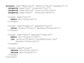<project name="MyProject" default="dist" basedir=".">
  <property name="src" location="src"/>
  <property name="build" location="build"/>
  <property name="dist" location="dist"/>

  <target name="init">
    <mkdir dir="${build}"/>
  </target>

  <target name="compile" depends="init">
    <javac srcdir="${src}" destdir="${build}"/>
  </target>

  <target name="dist" depends="compile">
    <mkdir dir="${dist}/lib"/>
    <jar jarfile="${dist}/lib/MyProject.jar"
         basedir="${build}"/>
  </target>

  <target name="clean">
    <delete dir="${build}"/>
    <delete dir="${dist}"/>
  </target>
</project>
 