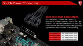 Double Power Connectors
Double power connectors delivering
adequate power supply for multi-core CPU,
unleash the ultimate performance with the
most reliable motherboard for best gaming
experience and extreme overclocking.
DUAL CPU POWER CONNECTORS
2 * 8 pin 60A / 720W maximum power
1 * 8 pin + 1 * 4 pin 45A / 540W maximum power
1 * 8 pin 30A / 360W maximum power
1 * 4 pin 15A / 180W maximum power
 