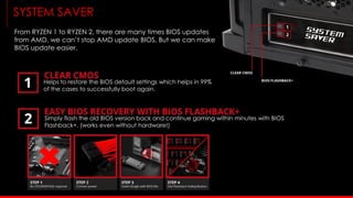 SYSTEM SAVER
Helps to restore the BIOS default settings which helps in 99%
of the cases to successfully boot again.
Simply flash the old BIOS version back and continue gaming within minutes with BIOS
Flashback+. (works even without hardware!)
From RYZEN 1 to RYZEN 2, there are many times BIOS updates
from AMD, we can’t stop AMD update BIOS, But we can make
BIOS update easier.
 