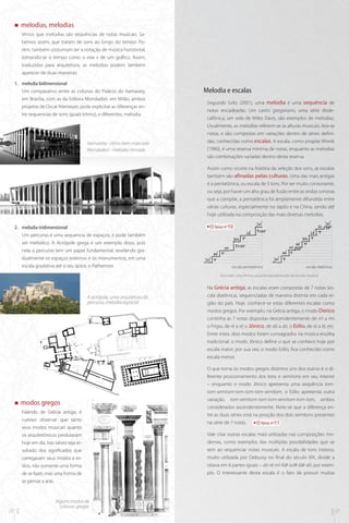 „„

melodias, melodias
Vimos que melodias são sequências de notas musicais. Sabemos assim, que tratam de sons ao longo do tempo. Porém, também costumam ter a notação de música horizontal,
tomando-se o tempo como o eixo x de um gráfico. Assim,
traduzidas para arquitetura, as melodias podem também
aparecer de duas maneiras:

1.	 melodia bidimensional
Um comparativo entre as colunas do Palácio do Itamaraty,
em Brasília, com as da Editora Mondadori, em Milão, ambos
projetos de Oscar Niemeyer, pode explicitar as diferenças entre sequencias de sons iguais (ritmo), e diferentes, melodia.

Itamaraty - ritmo bem marcado
Mondadori - melodia ritmada

Melodia e escalas
Segundo Grilo (2001), uma melodia é uma sequência de
notas encadeadas. Um canto gregoriano, uma série dodecafônica, um solo de Miles Davis, são exemplos de melodias.
Usualmente, as melodias referem-se às alturas musicais, leia-se
notas, e são compostas em variações dentro de séries definidas, conhecidas como escalas. A escala, como propõe Wisnik
(1989), é uma reserva mínima de notas, enquanto as melodias
são combinações variadas dentro desta reserva.
Assim como ocorre na história da seleção dos sons, as escalas
também são afinadas pelas culturas. Uma das mais antigas
é a pentatônica, ou escala de 5 tons. Por ser muito consonante,
ou seja, por haver um alto grau de fusão entre as ondas sonoras
que a compõe, a pentatônica foi amplamente difundida entre
várias culturas, especialmente no Japão e na China, sendo até
hoje utilizada na composição das mais diversas melodias.

2.	 melodia tridimensional
Um percurso é uma sequencia de espaços, e pode também
ser melódico. A Acrópole grega é um exemplo disso, pois
nela o percurso tem um papel fundamental, revelando gradualmente os espaços externos e os monumentos, em uma
escala gradativa até o seu ápice, o Pathernon.

faixa nº10

escala pentatônica

escala diatônica

A escada: uma forma usual de representação da escala musical

„„

modos gregos

20

arq

Falando de Grécia antiga, é
curioso observar que tanto
seus modos musicais quanto
os arquitetônicos perduraram
hoje em dia. Isso talvez seja resultado dos significados que
carregavam seus modos e estilos, não somente uma forma
de se fazer, mas uma forma de
se pensar a arte.

Alguns modos de
colunas gregas

O que torna os modos gregos distintos uns dos outros é o diferente posicionamento dos tons e semitons em seu interior
– enquanto o modo Jônico apresenta uma sequência tomtom-semitom-tom-tom-tom-semitom, o Eólio apresenta outra
variação, tom-semitom-tom-tom-semitom-tom-tom, ambos
considerados ascendentemente. Note-se que a diferença entre as duas séries está na posição dos dois semitons presentes
na série de 7 notas.
faixa nº11
Vale citar outras escalas mais utilizadas nas composições modernas, como exemplos das múltiplas possibilidades que se
tem ao sequenciar notas musicais. A escala de tons inteiros,
muito utilizada por Debussy no final do século XIX, divide a
oitava em 6 partes iguais – dó-ré-mi-fá#-sol#-lá#-dó, por exemplo. O interessante desta escala é o fato de possuir muitas

mus

A acrópole, uma arquitetura do
percurso, melodia espacial

Na Grécia antiga, as escalas eram compostas de 7 notas (escala diatônica), sequenciadas de maneira distinta em cada região do país. Hoje, conhece-se estas diferentes escalas como
modos gregos. Por exemplo, na Grécia antiga, o modo Dórico
continha as 7 notas dispostas descendentemente de mi a mi;
o Frígio, de ré a ré; o Jônico, de dó a dó, o Eólio, de lá a lá, etc.
Entre estes, dois modos foram consagrados na música erudita
tradicional: o modo Jônico define o que se conhece hoje por
escala maior; por sua vez, o modo Eólio, fica conhecido como
escala
escala cromática
escala menor. de tons inteiros

21

 