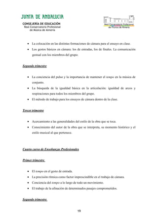 CONSEJERÍA DE EDUCACIÓN
Real Conservatorio Profesional
de Música de Almería
19
• La colocación en las distintas formaciones de cámara para el ensayo en clase.
• Los gestos básicos en cámara: los de entradas, los de finales. La comunicación
gestual con los miembros del grupo.
Segundo trimestre
• La conciencia del pulso y la importancia de mantener el tempo en la música de
conjunto.
• La búsqueda de la igualdad básica en la articulación: igualdad de arcos y
respiraciones para todos los miembros del grupo.
• El método de trabajo para los ensayos de cámara dentro de la clase.
Tercer trimestre
• Acercamiento a las generalidades del estilo de la obra que se toca.
• Conocimiento del autor de la obra que se interpreta, su momento histórico y el
estilo musical al que pertenece.
Cuarto curso de Enseñanzas Profesionales
Primer trimestre
• El tempo en el gesto de entrada.
• La precisión rítmica como factor imprescindible en el trabajo de cámara.
• Conciencia del tempo a lo largo de todo un movimiento.
• El trabajo de la afinación de determinados pasajes comprometidos.
Segundo trimestre
 