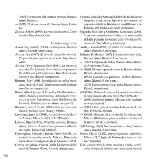 126
— (1967), Formación del sentido rítmico, Buenos
Aires, Eudeba.
— (1993), El ritmo musical, Buenos Aires, Eude-
ba.
Zavala, Antoni (1999), La práctica educativa. Cómo
enseñar, Barcelona, Graó.
Fuentes sugeridas
Akoschky, Judith (1996), Cotidiáfonos, Buenos
Aires, Ricordi Americana.
Alsina, Pep (1997), El área de educación musical.
Propuestas para aplicar en el aula, Barcelona,
Graó.
Alsina, Pep y Francesc Sesé (1994), La música y
su evolución. Historia de la música con propues-
tas didácticas y 49 audiciones, Barcelona, Graó
(incluye dos discos compactos).
Bennett, Roy (1998), Investigando los estilos musi-
cales, Madrid, Akal (Entorno musical) (incluye
tres discos compactos).
Blaser, Albert, James O. Froseth y Phyllis Weikart
(2001), Música y movimiento. Actividades rítmi-
cas en el aula, Barcelona, Graó (Biblioteca de
Eufonía, 164) (incluye un disco compacto).
Brennan, Juan Arturo (1988), Cómo acercarse a la
música, México, sep/Plaza y Valdés.
Contreras, Juan G. (1988), Atlas Cultural de Méxi-
co. Música, México, sep/inah/Planeta.
Dennis, Brian (1975), Proyectos sonoros, Buenos
Aires, Ricordi Americana (primera edición
en inglés: Universal Edition).
Domínguez, Héctor y Julieta Fierro (2003), Los
sonidos de nuestro mundo, México, Dirección
General de Divulgación de la Ciencia-unam.
Hemsy de Gainza, Violeta (1983), La improvisación
musical, Buenos Aires, Ricordi Americana.
Herrera, Lluís M. y Santiago Molas (2000), Música de
hoyparalaescueladehoy.Repertorioinstrumentalcon
propuestasdidácticas,Barcelona,Graó(Bibliotecade
Eufonía, 150) [incluye un disco compacto].
Sagredo, José Luis y Guillermo Contreras (2004),
“Los instrumentos musicales, rico entramado
del arte popular mexicano”, en Arte del pueblo,
manos de Dios, México, Landucci.
Saitta, Carmelo (1991), El luthier en el aula, Buenos
Aires, Ricordi Americana.
Schafer, R. Murray (1967), El compositor en el aula,
Buenos Aires, Ricordi Americana.
— (1967), Limpieza de oídos, Buenos Aires, Ricor-
di Americana/saec.
— (1969), El nuevo paisaje sonoro, Buenos Aires,
Ricordi Americana.
— (1970), Cuando las palabras cantan, Buenos
Aires, Ricordi Americana.
— (1975), El rinoceronte en el aula, Buenos Aires,
Ricordi Americana.
sep (1994), Módulo de música. La música, los niños y
la imaginación, México, sep/cnca/pacaep.
— (1996), Símbolos patrios, México, sep (incluye
una audiocinta).
— (2000), Libro para el maestro. Educación Artís-
tica. Primaria, México.
— (2003), Miradas al arte desde la educación,
México (Biblioteca para la actualización del
maestro. Serie Cuadernos).
Self, George (1967), Nuevos sonidos en clase, Buenos
Aires, Ricordi Americana.
Stern, Mario (2002), Improvisaciones infantiles,
México, El Colegio de México [incluye un dis-
co compacto].
Tort, César (1995), El ritmo musical y el niño. Activi-
dades de lecturas rítmicas en la educación musical
 