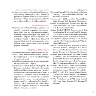 131
Programas (software) de composición
http://www.electrofante.com/musicadigital/listaprogra-
mas.html (página en español con la lista de los
principales programas utilizados en informáti-
ca musical: edición musical, notación y edición
de partituras, editores de audio, etcétera).
Recursos musicales
http://www.xtec.es/rtee/esp/links (la página está en
español y es una de las páginas más comple-
tas y útiles para los educadores musicales.
Contiene los siguientes apartados: Música en
el tiempo; Lenguaje musical; Recursos tec-
nológicos; Recursos educativos; Actividad
musical. Cada uno de estos apartados tiene
subapartados y numerosos enlaces a otras
páginas de interés).
Programas de televisión
Se recomienda consultar las programaciones de:
Canal 11 (canal del Instituto Politécnico Nacional.
La programación se puede consultar en http://
www.oncetv.ipn.mx).
Canal 22 (La programación se puede consultar
en http://www.canal22.org.mx).
Canal 23 (este último, dentro del Programa de
Educación Artística y Cultural a Distancia
del Centro Nacional de las Artes, transmi-
te diferentes cursos de educación artística a
distancia. La oferta de cursos, así como los
requerimientos para inscribirse o visualizar
alguno de los cursos ya retransmitidos, se
puede consultar en la página http://canal23.
cnart.mx). Para trabajar muchos de los conte-
nidos del programa de música se recomienda
el curso Invitación a la música.
Videografía
Discovery Channel (1996), Atlas del cuerpo humano,
Discovery Channel/Video Visa (formato vhs,
duración: 51 minutos).
Forman, Milos (2001), Amadeus, Warner Home
Video (formato dvd, duración: 180 minutos).
Girard, François (1998), El violín rojo, Warner
Home Video-New Line Home Video (formato
vhs, duración: 130 minutos).
Grauer, Rhoda (1992-1993), Dancing, vols. ii, iii y
viii, Conaculta/R. M. Arts/Canal 22 (formato
vhs); El señor de la danza (duración: 59 minutos);
Bailando en un mundo (duración: 59 minutos).
Rose, Bernard (1996), Beethoven, un ser inmortal,
Majestic Films/Videomax (formato vhs, du-
ración: 122 minutos).
sep/ilce/Musifilm (1998), Acércate a la música.
Educación Artística 1. El lenguaje de la música.
Ritmo y melodía. Los instrumentos musicales,
México (formato vhs, duración: 90 minutos).
— (1998), Acércate a la música. Educación Artística
2. Armonía. Cómo se hace una canción, México
(formatovhs,duración:60minutos).Estosdosvi-
deos forman parte del acervo de la Videoteca es-
colar. Segundo acervo. Educación Secundaria.
— (1998), La danza en la corte, México (formato
vhs, duración: 60 minutos), en Videoteca esco-
lar. Segundo acervo. Educación Secundaria.
— (1998), El poder de la danza, México (formato
vhs, duración: 60 minutos), en Videoteca esco-
lar. Segundo acervo. Educación Secundaria.
Yes/No Productions Ltd. (1997), Stomp Outloud,
hbo Home Video (formato dvd, duración: 50
minutos).
 