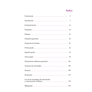 Índice
Presentación
Introducción
Fundamentación
Propósitos
Enfoque
Propósitos generales
Programas de Estudio
Primer grado
Segundo grado
Tercer grado
Orientaciones didácticas generales
Secuencia de actividades
Proyecto
Evaluación
Uso de las tecnologías de información
y comunicación en Música
Bibliografía
5
7
11
19
21
25
27
33
57
79
101
101
109
117
119
125
 
