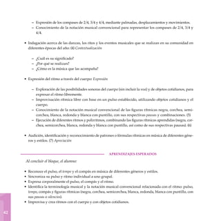 1
42
Expresión de los compases de 2/4, 3/4 y 4/4, mediante palmadas, desplazamientos y movimientos.
Conocimiento de la notación musical convencional para representar los compases de 2/4, 3/4 y
4/4.
Indagación acerca de las danzas, los ritos y los eventos musicales que se realizan en su comunidad en
diferentes épocas del año: (4) Contextualización
¿Cuál es su significado?
¿Por qué se realizan?
¿Cómo es la música que las acompaña?
Expresión del ritmo a través del cuerpo: Expresión
Exploración de las posibilidades sonoras del cuerpo (sin incluir la voz) y de objetos cotidianos, para
expresar el ritmo libremente.
Improvisación rítmica libre con base en un pulso establecido, utilizando objetos cotidianos y el
cuerpo.
Conocimiento de la notación musical convencional de las figuras rítmicas negra, corchea, semi-
corchea, blanca, redonda y blanca con puntillo, con sus respectivas pausas y combinaciones. (5)
Ejecución de diferentes ritmos y polirritmos, combinando las figuras rítmicas aprendidas (negra, cor-
chea, semicorchea, blanca, redonda y blanca con puntillo, así como de sus respectivas pausas). (6)
Audición, identificación y reconocimiento de patrones o fórmulas rítmicas en música de diferentes géne-
ros y estilos. (7) Apreciación
	aprendizajes esperados
Al concluir el bloque, el alumno:
Reconoce el pulso, el tempo y el compás en música de diferentes géneros y estilos.
Sincroniza su pulso y ritmo individual a uno grupal.
Expresa corporalmente el pulso, el compás y el ritmo.
Identifica la terminología musical y la notación musical convencional relacionada con el ritmo: pulso,
tempo, compás y figuras rítmicas (negra, corchea, semicorchea, blanca, redonda, blanca con puntillo, con
sus pausas o silencios).
Improvisa y crea ritmos con el cuerpo y con objetos cotidianos.
–
–
•
–
–
–
•
–
–
–
–
•
•
•
•
•
•
 