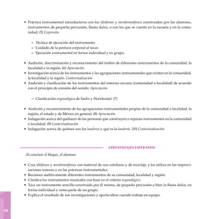 1
50
Práctica instrumental introductoria con los idiófonos y membranófonos construidos por los alumnos,
instrumentos de pequeña percusión, flauta dulce, o con los que se cuente en la escuela y en la comu-
nidad: (5) Expresión
Técnica de ejecución del instrumento.
Cuidado de la postura corporal al tocar.
Ejecución instrumental en forma individual y en grupo.
Audición, discriminación y reconocimiento del timbre de diferentes instrumentos de la comunidad, la
localidad o la región. (6) Apreciación
Investigación acerca de los instrumentos y las agrupaciones instrumentales que existen en la comunidad,
la localidad y la región. Contextualización
Audición y clasificación de los instrumentos del entorno cercano (comunidad o localidad) de acuerdo
con el principio de emisión del sonido: Apreciación
Clasificación organológica de Sachs y Hornbostel. (7)
Audición y reconocimiento de las agrupaciones instrumentales propias de la comunidad o localidad, la
región, el estado y de México en general. (8) Apreciación
Indagación acerca del quehacer de las personas que construyen o reparan instrumentos en la comunidad
o localidad. (9) Contex­tualización
Indagación acerca de quiénes son los lauderos y qué es la laudería. (10) Contextualización
	aprendizajes esperados
Al concluir el bloque, el alumno:
Crea idiófonos y membranófonos con material de uso cotidiano y de reciclaje, y los utiliza en las improvi-
saciones sonoras y en las prácticas instrumentales.
Reconoce auditivamente diferentes instrumentos de su comunidad, localidad y región.
Clasifica los instrumentos musicales con base en el criterio organo­lógico.
Toca un instrumento sencillo construido por él mismo, de pequeña percusión o bien la flauta dulce, en
forma individual y como parte de un grupo.
Explica el resultado de sus investigaciones y aporta ideas cuando trabaja en equipo.
•
–
–
–
•
•
•
–
•
•
•
•
•
•
•
•
 