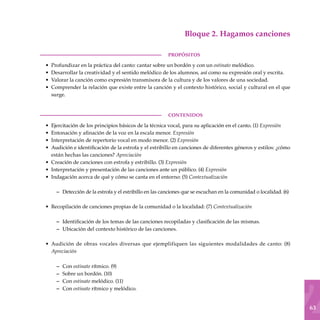 63
Bloque 2. Hagamos canciones
PROPÓSITOS
Profundizar en la práctica del canto: cantar sobre un bordón y con un ostinato melódico.
Desarrollar la creatividad y el sentido melódico de los alumnos, así como su expresión oral y escrita.
Valorar la canción como expresión transmisora de la cultura y de los valores de una sociedad.
Comprender la relación que existe entre la canción y el contexto histórico, social y cultural en el que
surge.
CONTENIDOS
Ejercitación de los principios básicos de la técnica vocal, para su aplicación en el canto. (1) Expresión
Entonación y afinación de la voz en la escala menor. Expresión
Interpretación de repertorio vocal en modo menor. (2) Expresión
Audición e identificación de la estrofa y el estribillo en canciones de diferentes géneros y estilos: ¿cómo
están hechas las canciones? Apreciación
Creación de canciones con estrofa y estribillo. (3) Expresión
Interpretación y presentación de las canciones ante un público. (4) Expresión
Indagación acerca de qué y cómo se canta en el entorno: (5) Contextualización
Detección de la estrofa y el estribillo en las canciones que se escuchan en la comunidad o localidad. (6)
Recopilación de canciones propias de la comunidad o la localidad: (7) Contextualización
Identificación de los temas de las canciones recopiladas y clasificación de las mismas.
Ubicación del contexto histórico de las canciones.
Audición de obras vocales diversas que ejemplifiquen las siguientes modalidades de canto: (8)
Apreciación
Con ostinato rítmico. (9)
Sobre un bordón. (10)
Con ostinato melódico. (11)
Con ostinato rítmico y melódico.
•
•
•
•
•
•
•
•
•
•
•
–
•
–
–
•
–
–
–
–
 