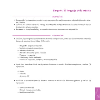71
Bloque 4. El lenguaje de la música
PROPÓSITOS
Comprender los conceptos armonía y textura, y reconocerlos auditivamente en música de diferentes géne-
ros y estilos.
Conocer dos formas: la ternaria (aba) y el rondó (abacada) e identificarlas auditivamente en música
de diferentes géneros y estilos.
Reconocer el ritmo, la melodía y la armonía como estratos sonoros en una composición.
CONTENIDOS
Creación, registro gráfico e interpretación de breves composiciones, en las que se experimenten diferentes
formas de construcción melódica: (1) Expresión
Por grados conjuntos/disjuntos.
Sentido ascendente/descendente.
Por saltos de tercera.
Por saltos de cuarta, quinta y octava.
Pregunta y respuesta.
Principios y finales (cadencia).
Utilizando las escalas pentáfona y diatónica Mayor. (2)
Audición e identificación de los siguientes elementos en música de diferentes géneros y estilos: (3)
Apreciación
Ritmo.
Melodía.
Armonía. (4)
Audición y reconocimiento de diversas texturas en música de diferentes géneros y estilos: (5)
Apreciación
Ritmo con ritmo. (6)
Ostinato rítmico con melodía.
Bordón con melodía.
•
•
•
•
–
–
–
–
–
–
–
•
–
–
–
•
–
–
–
 