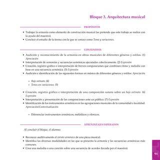 91
Bloque 3. Arquitectura musical
PROPÓSITOS
Trabajar la armonía como elemento de construcción musical (se pretende que este trabajo se realice con
la ayuda del maestro).
Concluir el estudio de la forma con la que se conoce como Tema y variaciones.
CONTENIDOS
Audición y reconocimiento de la armonía en obras musicales de diferentes géneros y estilos. (1)
Apreciación
Interpretación de armonías y secuencias armónicas ejecutadas colectivamente. (2) Expresión
Creación, registro gráfico e interpretación de breves composiciones que combinen ritmo y melodía con
base en una secuencia armónica. (3) Expresión
Audición e identificación de las siguientes formas en música de diferentes géneros y estilos: Apreciación
Bajo ostinato. (4)
Tema con variaciones. (5)
Creación, registro gráfico e interpretación de una composición sonora sobre un bajo ostinato. (6)
Expresión
Interpretación y presentación de las composiciones ante un público. (7) Expresión
Identificación de los instrumentos armónicos en las agrupaciones musicales de la comunidad o localidad:
Apreciación/Contex­tualización
Diferenciar instrumentos armónicos, melódicos y rítmicos.
	aprendizajes esperados
Al concluir el bloque, el alumno:
Reconoce auditivamente el estrato armónico de una pieza musical.
Identifica las diversas modalidades en las que se presenta la armonía y las secuencias armónicas más
comunes.
Crea una melodía o una canción sobre una secuencia de acordes (tocada por el maestro).
•
•
•
•
•
•
–
–
•
•
•
–
•
•
•
 