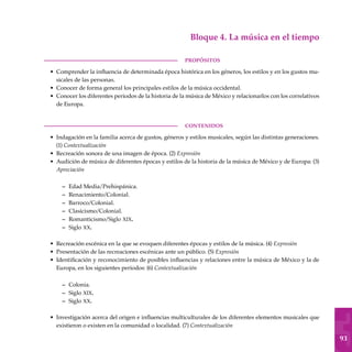93
Bloque 4. La música en el tiempo
PROPÓSITOS
Comprender la influencia de determinada época histórica en los géneros, los estilos y en los gustos mu-
sicales de las personas.
Conocer de forma general los principales estilos de la música occidental.
Conocer los diferentes periodos de la historia de la música de México y relacionarlos con los correlativos
de Europa.
CONTENIDOS
Indagación en la familia acerca de gustos, géneros y estilos musicales, según las distintas generaciones.
(1) Contextualización
Recreación sonora de una imagen de época. (2) Expresión
Audición de música de diferentes épocas y estilos de la historia de la música de México y de Europa: (3)
Apreciación
Edad Media/Prehispánica.
Renacimiento/Colonial.
Barroco/Colonial.
Clasicismo/Colonial.
Romanticismo/Siglo xix.
Siglo xx.
Recreación escénica en la que se evoquen diferentes épocas y estilos de la música. (4) Expresión
Presentación de las recreaciones escénicas ante un público. (5) Expresión
Identificación y reconocimiento de posibles influencias y relaciones entre la música de México y la de
Europa, en los siguientes periodos: (6) Contextualización
Colonia.
Siglo xix.
Siglo xx.
Investigación acerca del origen e influencias multiculturales de los diferentes elementos musicales que
existieron o existen en la comunidad o localidad. (7) Contextualización
•
•
•
•
•
•
–
–
–
–
–
–
•
•
•
–
–
–
•
 