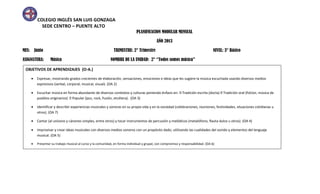 COLEGIO INGLÉS SAN LUIS GONZAGA
SEDE CENTRO – PUENTE ALTO
PLANIFICACION MODULAR MENSUAL
AÑO 2013
MES: Junio TRIMESTRE: 2° Trimestre NIVEL: 3° Básico
ASIGNATURA: Música NOMBRE DE LA UNIDAD: 2° “Todos somos música”
OBJETIVOS DE APRENDIZAJES (O-A.)
• Expresar, mostrando grados crecientes de elaboración, sensaciones, emociones e ideas que les sugiere la música escuchada usando diversos medios
expresivos (verbal, corporal, musical, visual). (OA 2)
• Escuchar música en forma abundante de diversos contextos y culturas poniendo énfasis en:  Tradición escrita (docta)  Tradición oral (folclor, música de
pueblos originarios)  Popular (jazz, rock, fusión, etcétera). (OA 3)
• Identificar y describir experiencias musicales y sonoras en su propia vida y en la sociedad (celebraciones, reuniones, festividades, situaciones cotidianas u
otros). (OA 7)
• Cantar (al unísono y cánones simples, entre otros) y tocar instrumentos de percusión y melódicos (metalófono, flauta dulce u otros). (OA 4)
• Improvisar y crear ideas musicales con diversos medios sonoros con un propósito dado, utilizando las cualidades del sonido y elementos del lenguaje
musical. (OA 5)
• Presentar su trabajo musical al curso y la comunidad, en forma individual y grupal, con compromiso y responsabilidad. (OA 6)
 