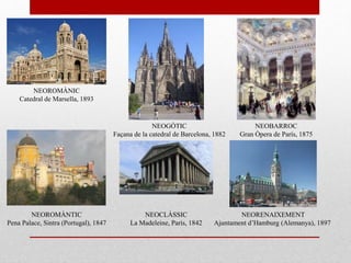 NEOGÒTIC
Façana de la catedral de Barcelona, 1882
NEOROMÀNIC
Catedral de Marsella, 1893
NEOBARROC
Gran Òpera de París, 1875
NEOROMÀNTIC
Pena Palace, Sintra (Portugal), 1847
NEORENAIXEMENT
Ajuntament d’Hamburg (Alemanya), 1897
NEOCLÀSSIC
La Madeleine, París, 1842
 