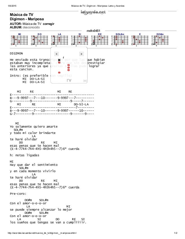 Música de tv, digimon mariposa letra y acordes