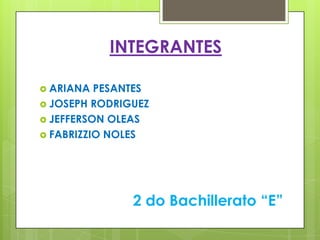 INTEGRANTES
 ARIANA PESANTES
 JOSEPH RODRIGUEZ
 JEFFERSON OLEAS
 FABRIZZIO NOLES
2 do Bachillerato “E”
 