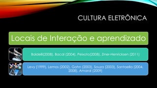 CULTURA ELETRÔNICA

Locais de Interação e aprendizado
Baldelli(2008), Bacal (2004), Peixoto(2008), Ziner-Henricksen (2011)
Levy (1999), Lemos (2002), Gohn (2003), Souza (2003), Santaella (2004,
2008), Amaral (2009)

 